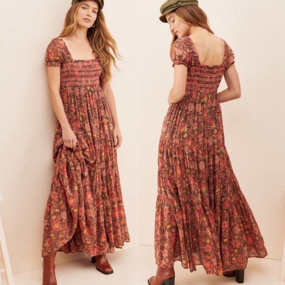 FREE PEOPLE Red Floral Getaway Maxi Dress Smocked Tiered Boho Peasant XS - Picture 9 of 9